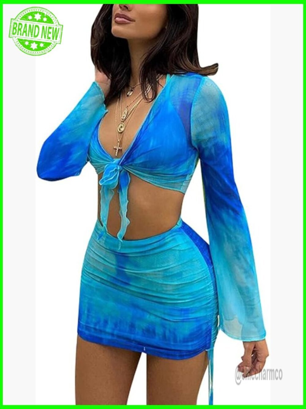 Women's 2 Piece Sheer Mesh Crop Top and Ruched Mini Skirt Set